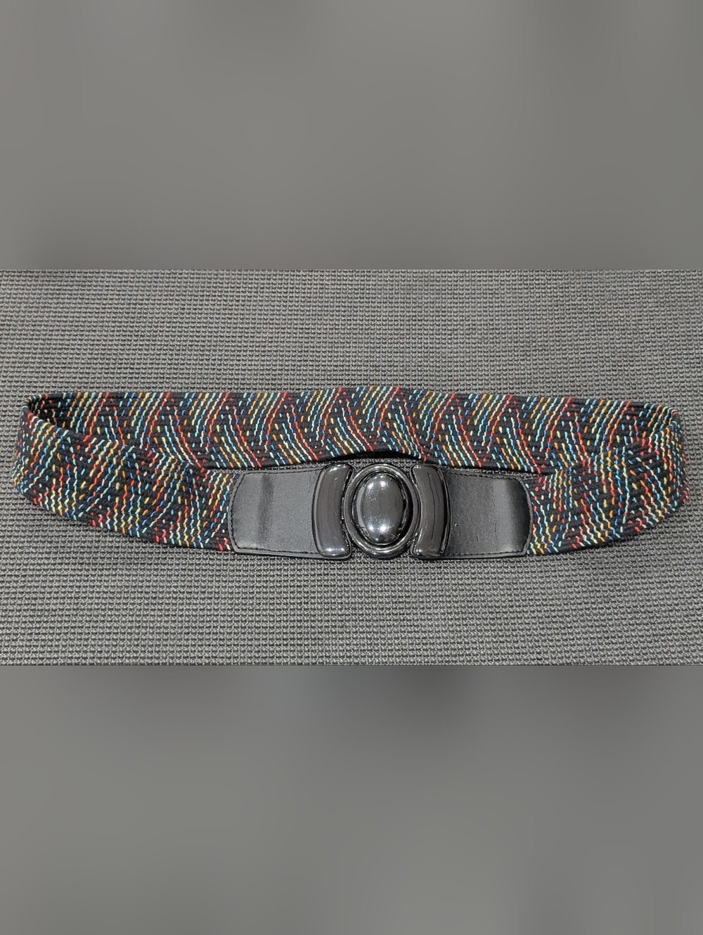 Multicolor Woven Stretch Belt with Black Oval Buckle